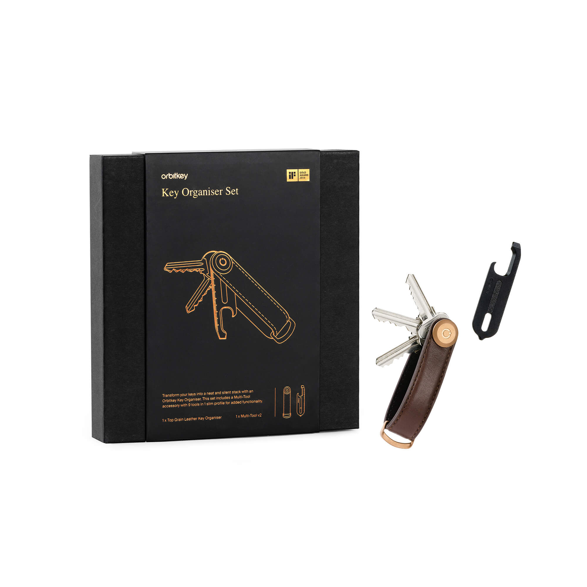 Orbitkey 2.0 Leather Key Holder Espresso Inclusief Multi Tool Black Gift Set