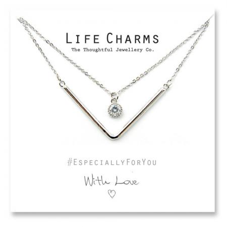Life Charms - YY10 - Necklace 2 Layer Silver Chevron and a Crystal