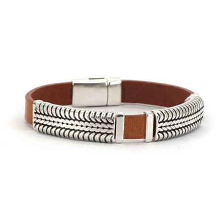 Qoss Heren Armband Leer met Zilveren Elementen Otis Naturel - Maat L