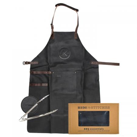 Hide & Stitches BBQ Essentials: Lederen Schort + Onderzetters + Tang Zwart