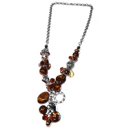 Lange Jasseron Ketting met Bruine en Zilveren Kralen