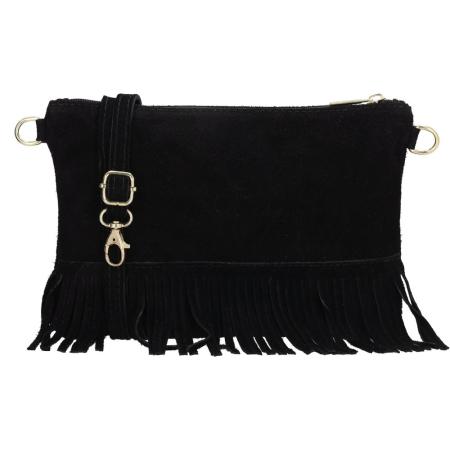 Charm London Suède Schoudertasje met Franjes Elisa Zwart